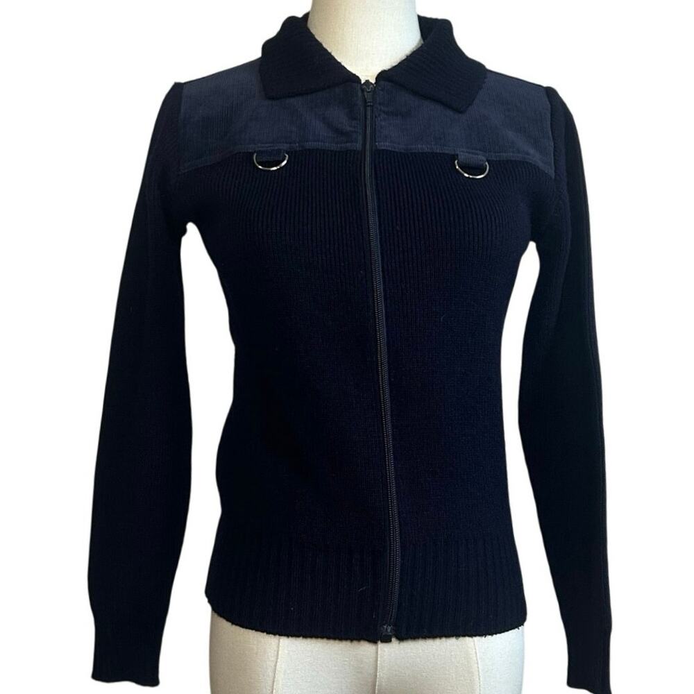 VTG 80s St Michael Navy Ribbed Knit Zip-Up XS Cardigan UK Heritage Retro Casual